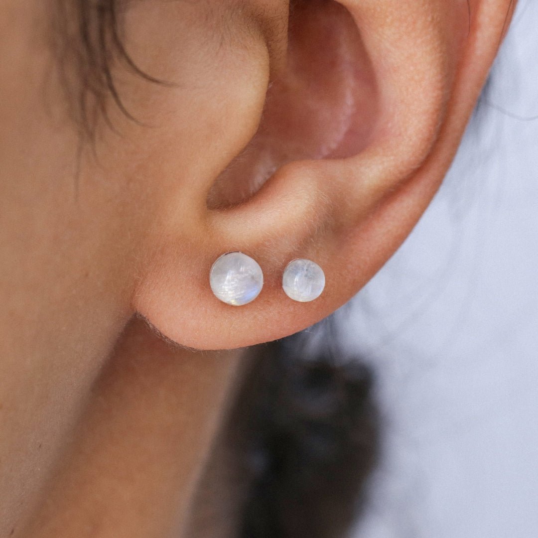 Boucles D'oreilles Puces En Pierre De Lune Naturelle Et Argent Massif 925 Rhodié - Neuves Avec étiquettes
